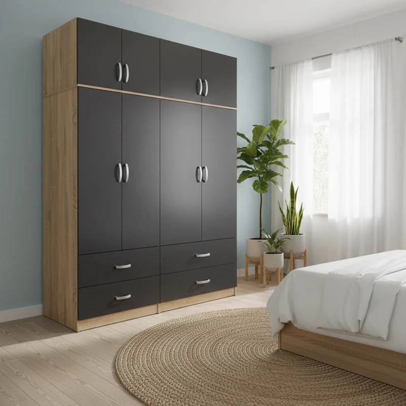 Четирикрилен гардероб с чекмеджета и надстройка 160x42x240см