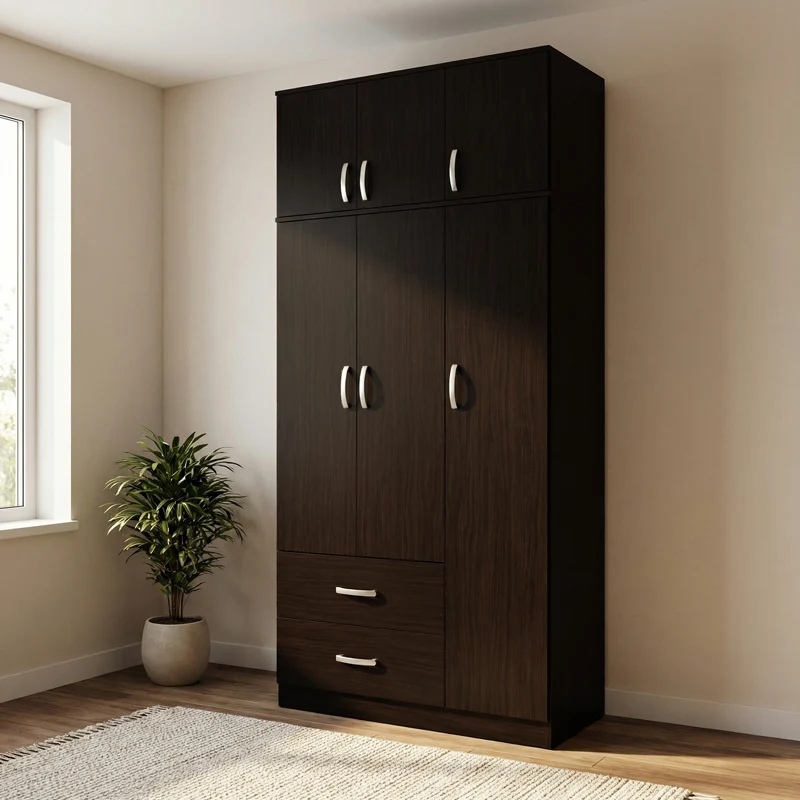 Трикрилен гардероб с 2 чекмеджета и надстройка Еgo в цвят венге 90x42x240см