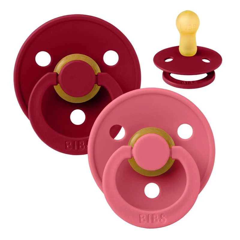 Bibs Round Colour Pacifier - 2-Pack - sz. 2 - natural rubberized - Coral/Ruby
