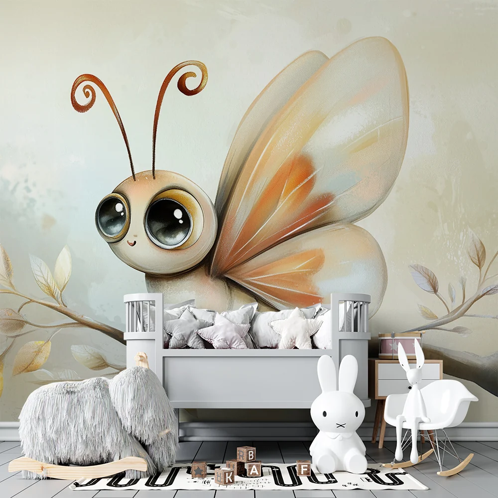 Papel de parede crianç | Adorável borboleta e folhas pastel