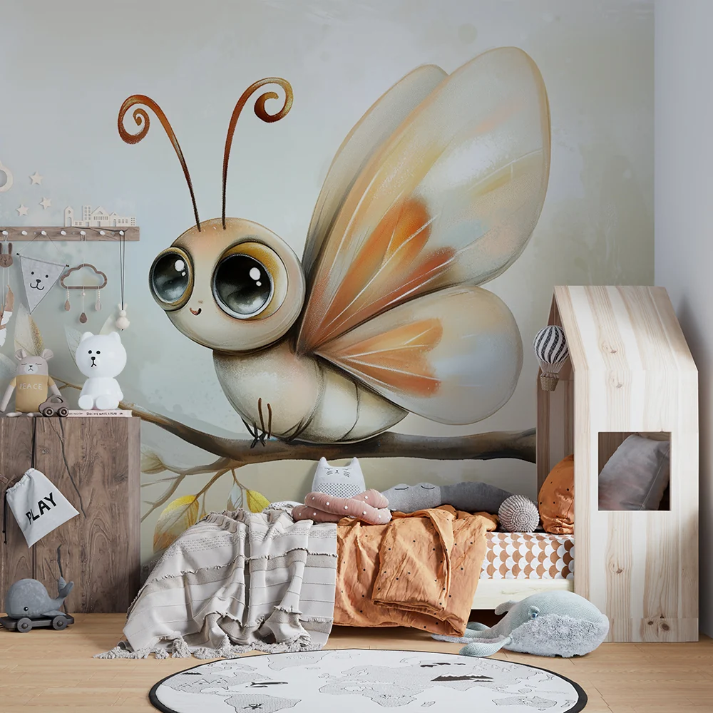 Papel de parede crianç | Adorável borboleta e folhas pastel