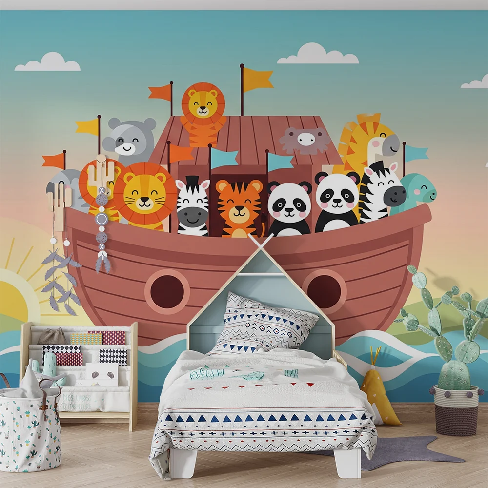 Papel de parede crianç | Alegres animais em um barco colorido