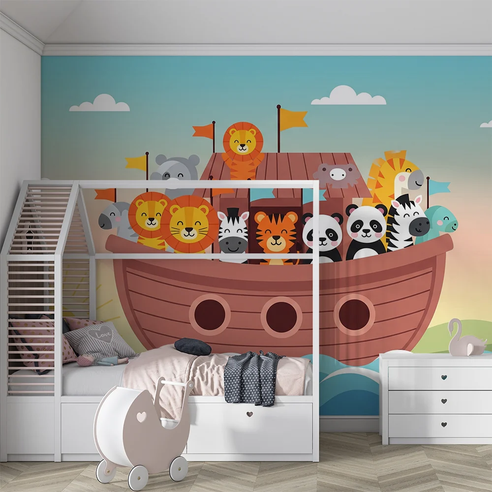 Papel de parede crianç | Alegres animais em um barco colorido