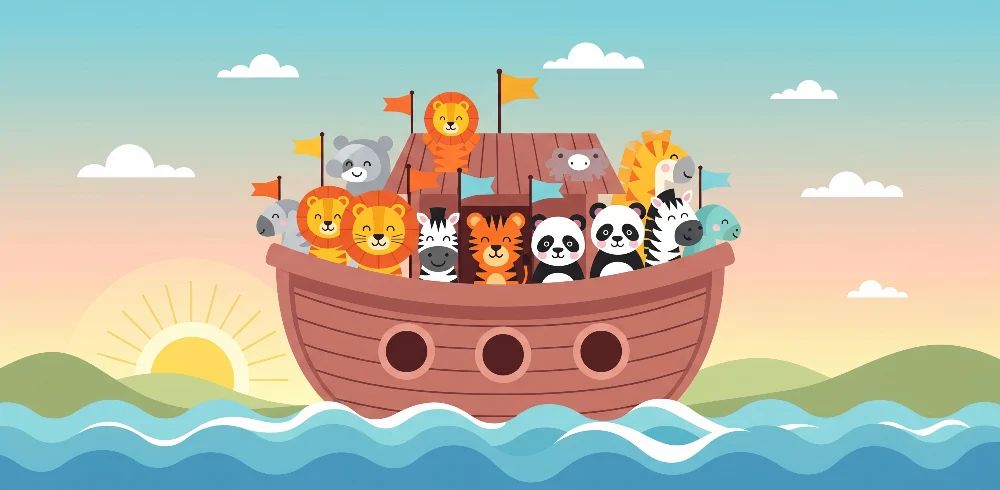 Papel de parede crianç | Alegres animais em um barco colorido