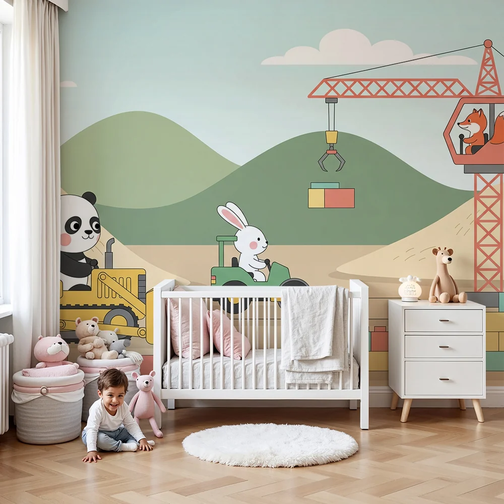 Papel de parede crianç | Animais em construção
