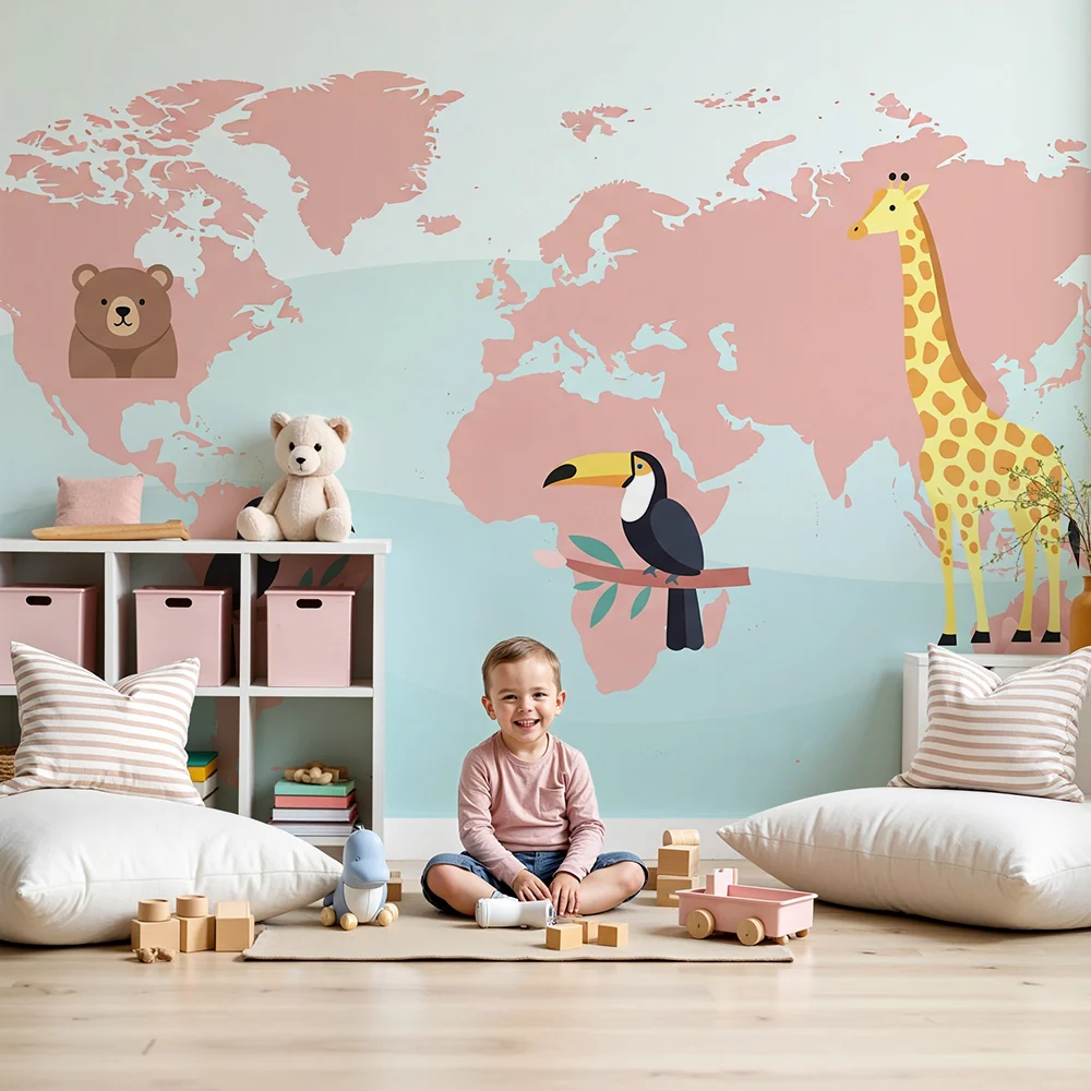 Papel de parede crianç | Animais do mundo em um mapa cor-de-rosa