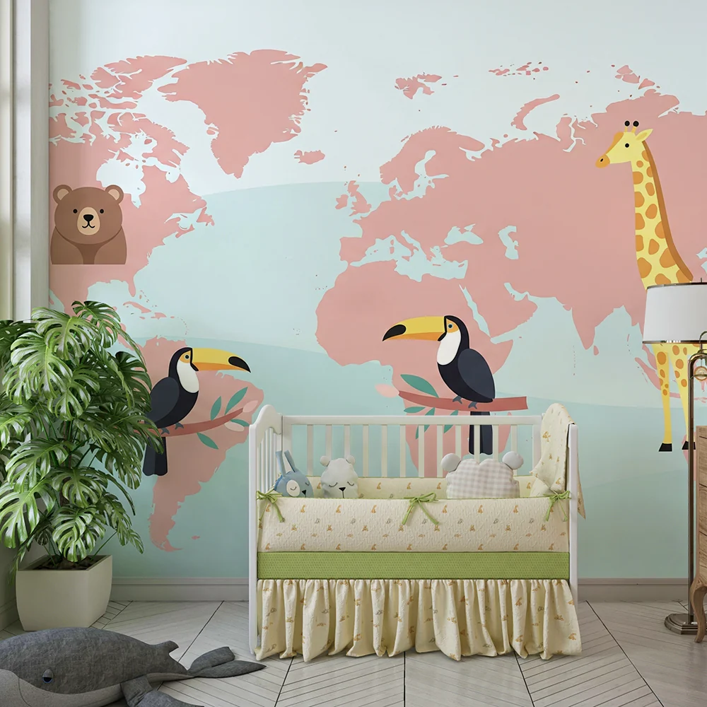 Papel de parede crianç | Animais do mundo em um mapa cor-de-rosa