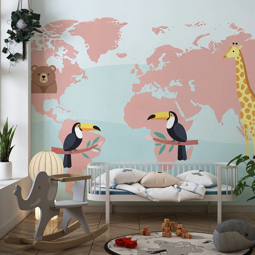 Papel de parede crianç | Animais do mundo em um mapa cor-de-rosa