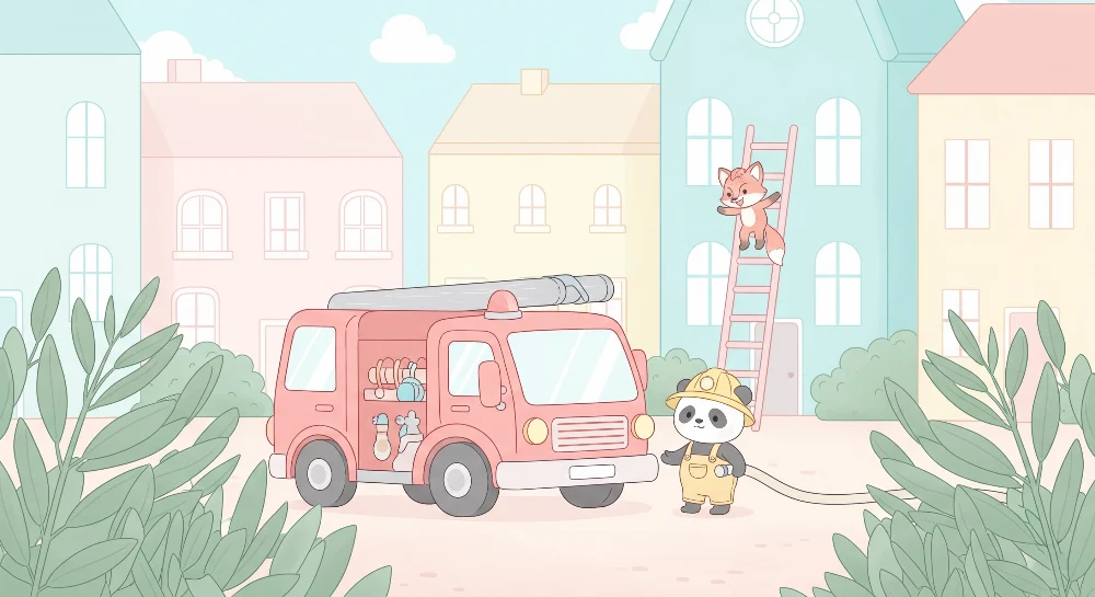 Papel de parede crianç | Aventura dos bombeiros com panda e raposa