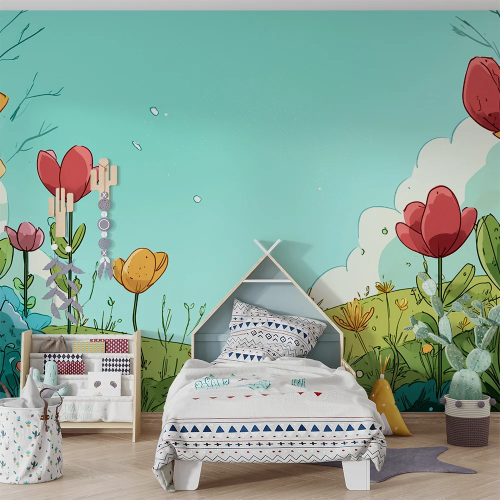 Papel de parede crianç | Campo de flores e céu azul