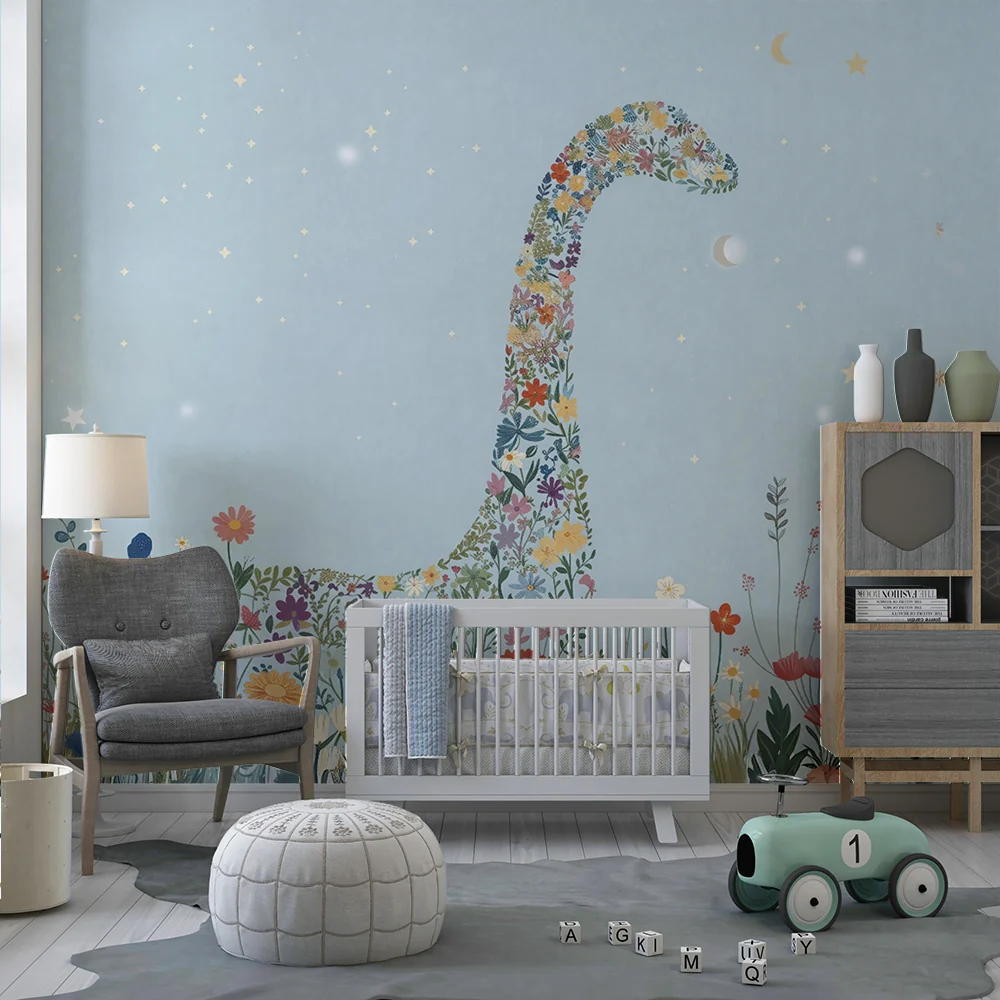 Papel de parede crianç | Dinossauro floral e céu estrelado