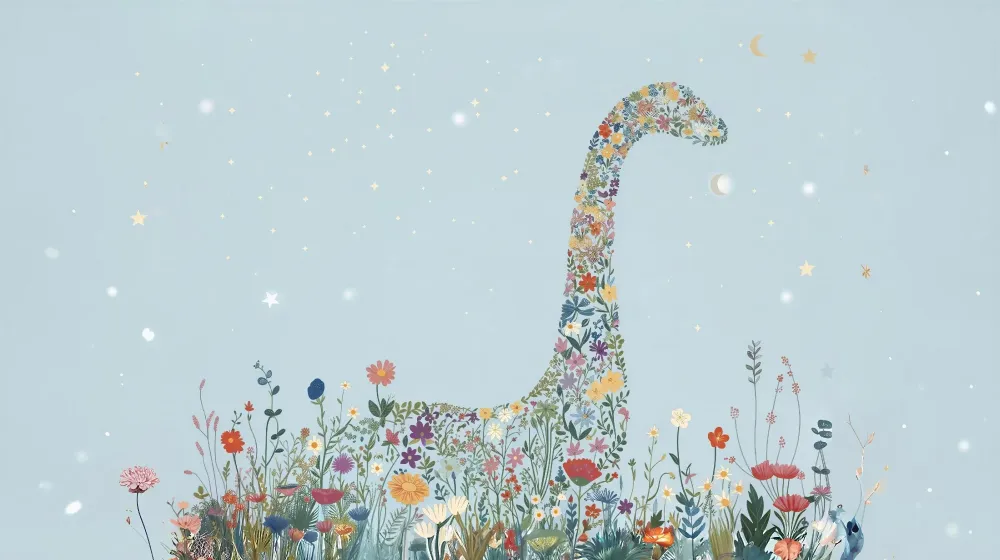 Papel de parede crianç | Dinossauro floral e céu estrelado
