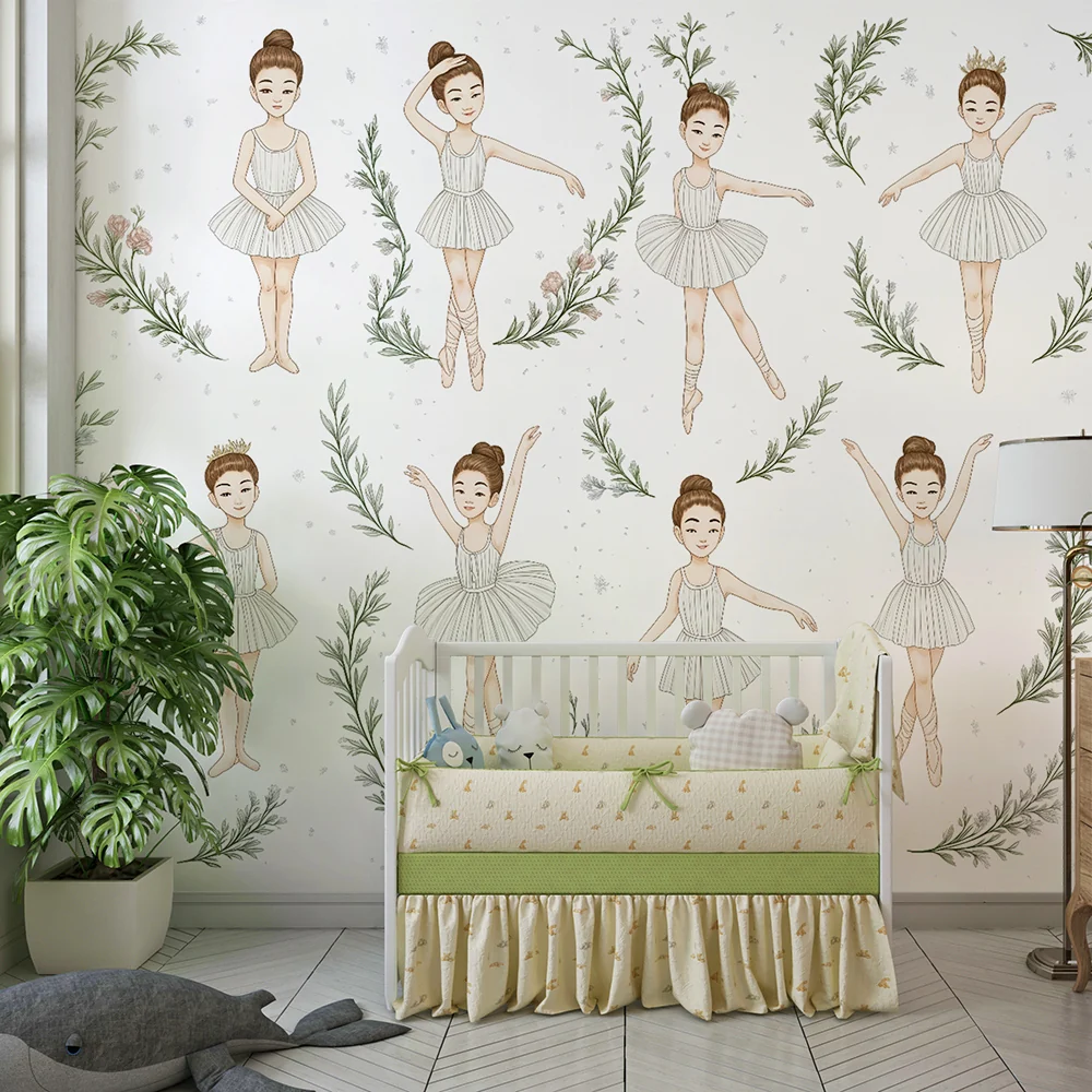 Papel de parede crianç | Elegantes bailarinas e folhagem delicada
