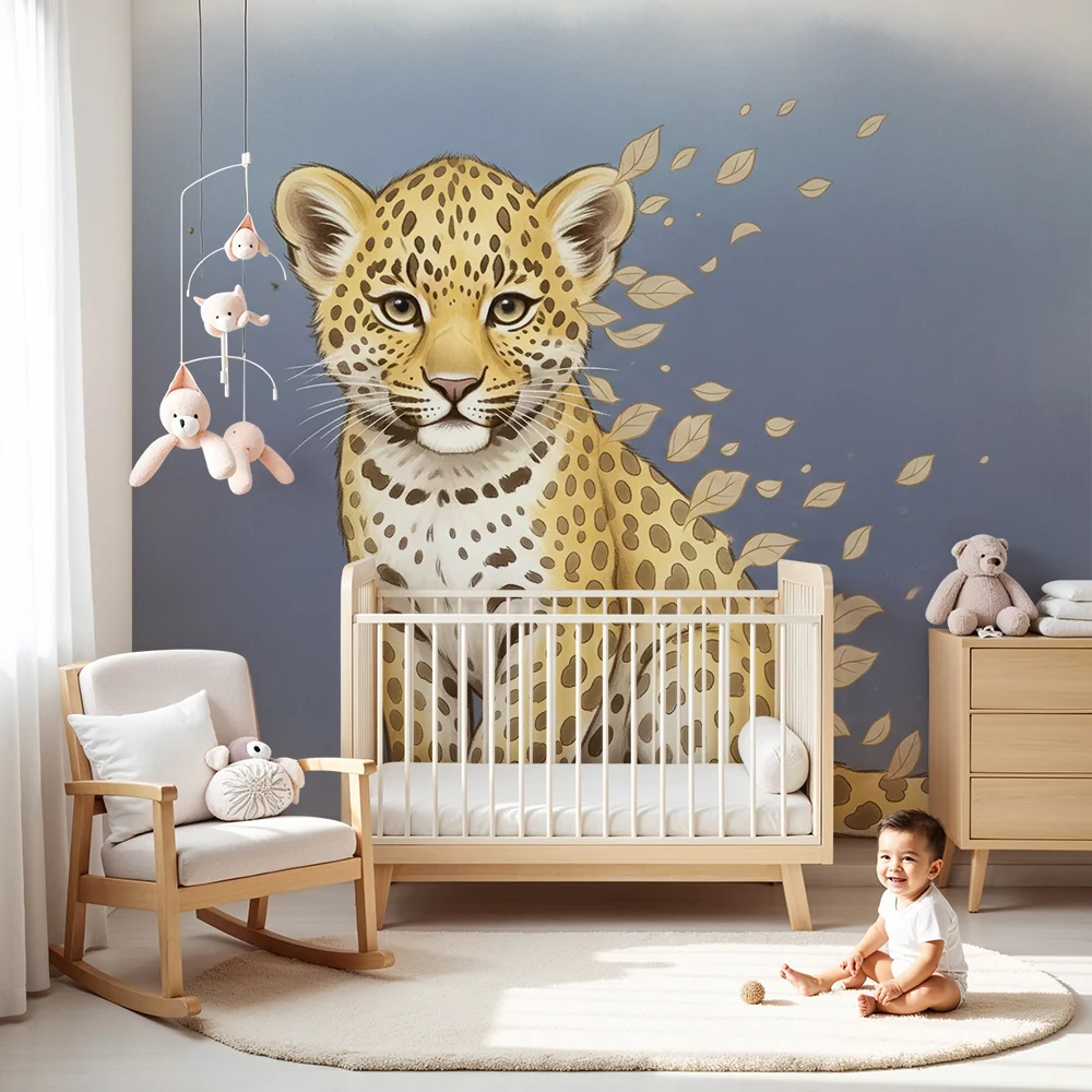 Papel de parede crianç | Encantadora leopardo e folhas leves