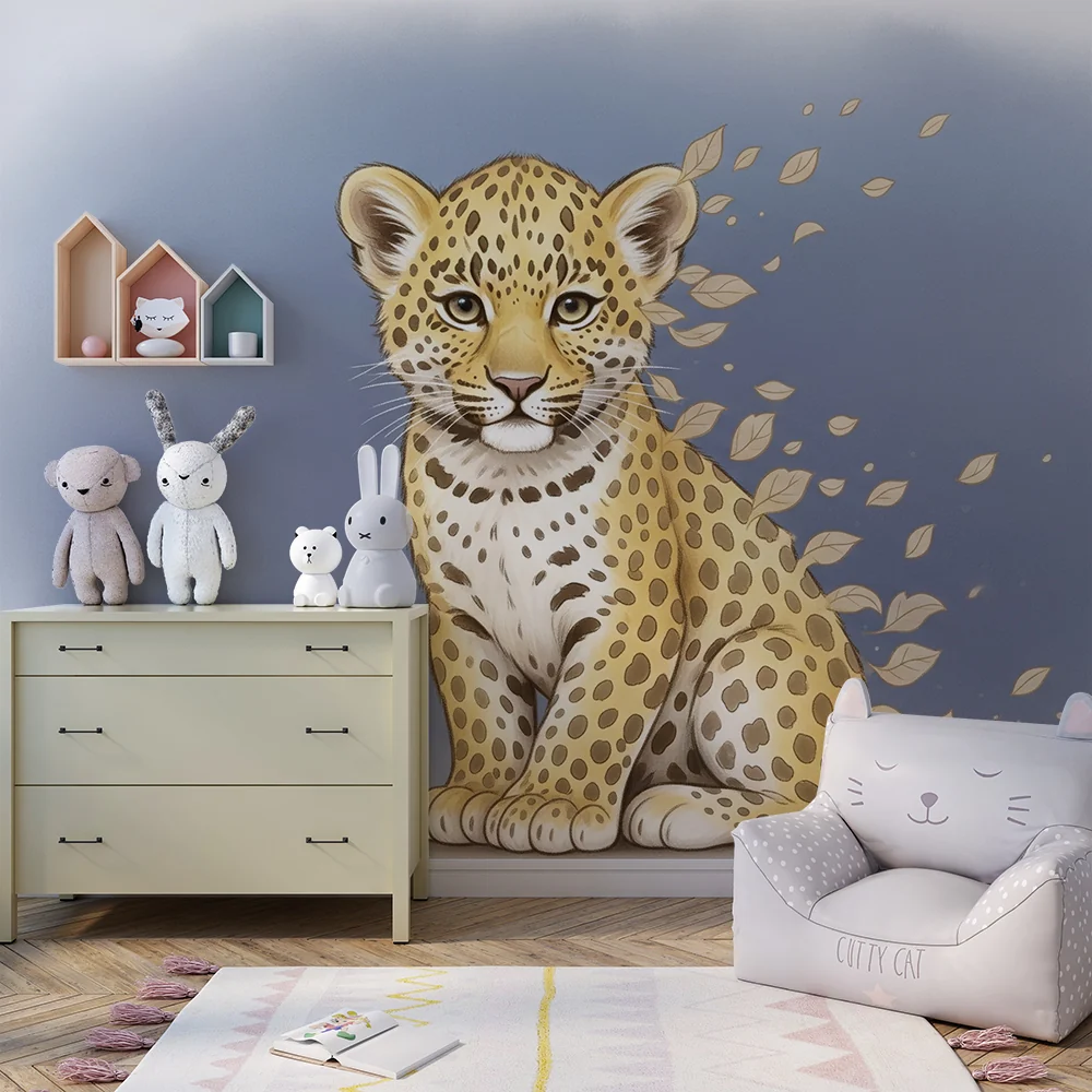 Papel de parede crianç | Encantadora leopardo e folhas leves