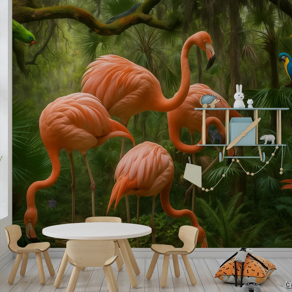 Papel de parede crianç | Exóticos flamingos e papagaios