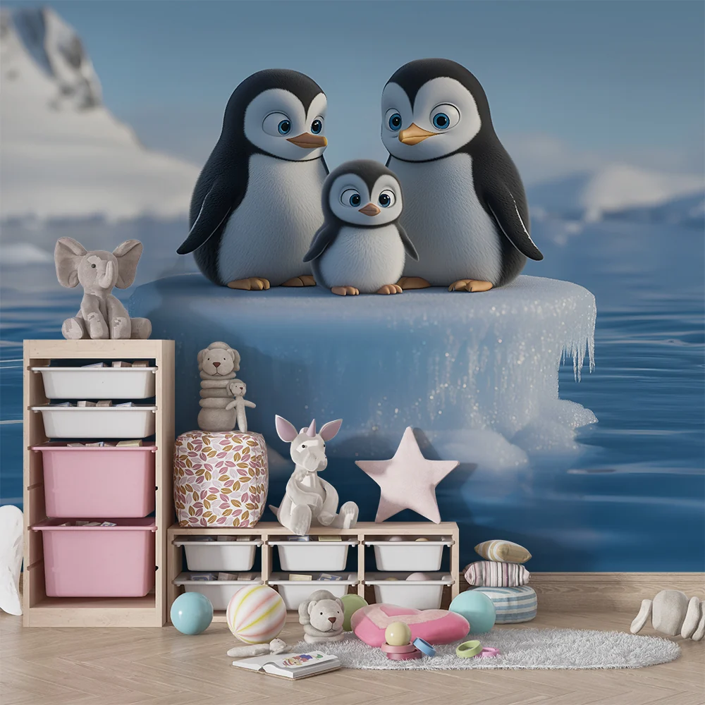 Papel de parede crianç | Família de pinguins no gelo