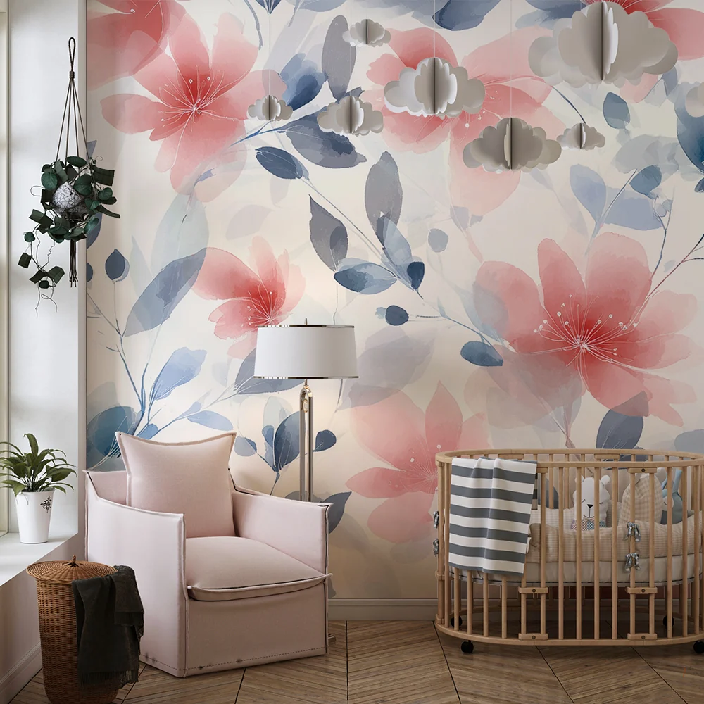 Papel de parede crianç | Flores aquarela vermelhas e azuis