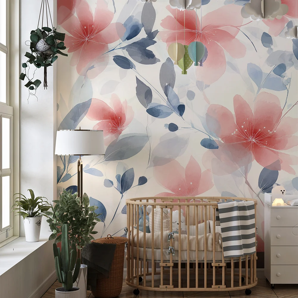 Papel de parede crianç | Flores aquarela vermelhas e azuis