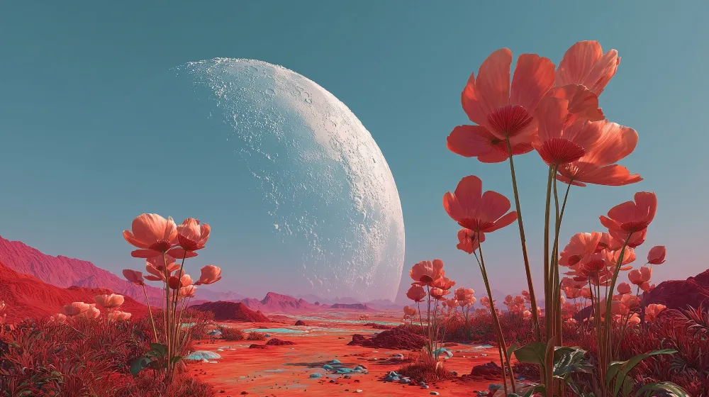 Papel de parede crianç | Flores espaciais e lua gigante