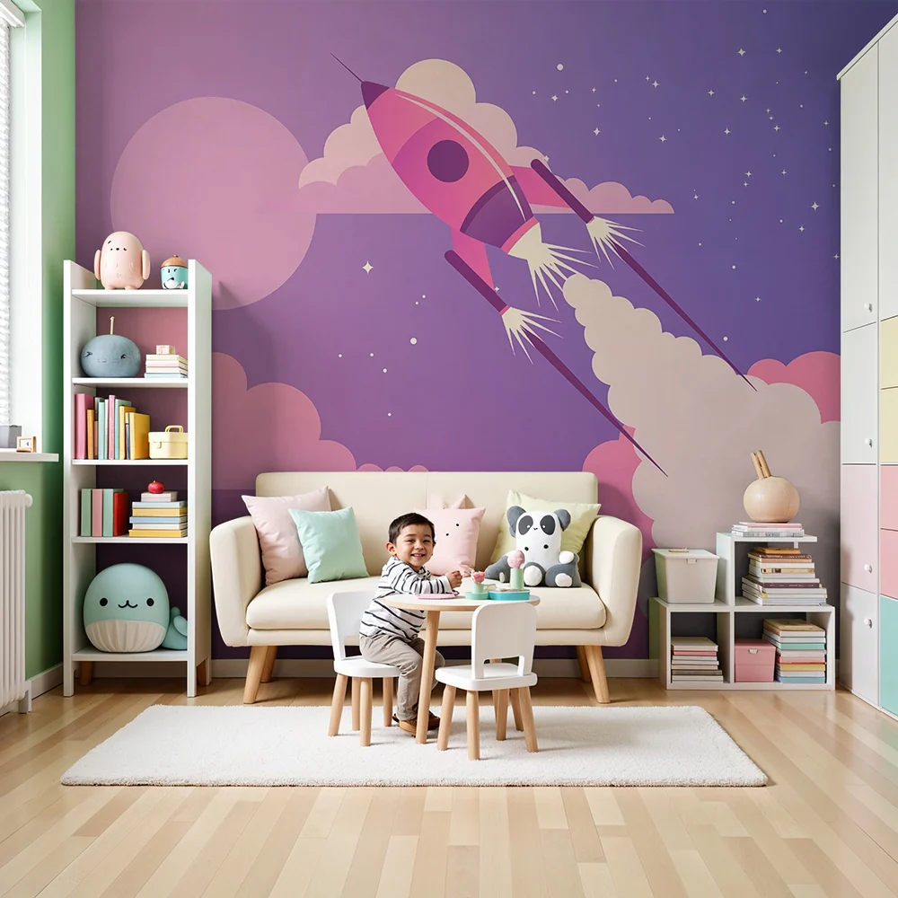 Papel de parede crianç | Foguete espacial e estrelas pastel