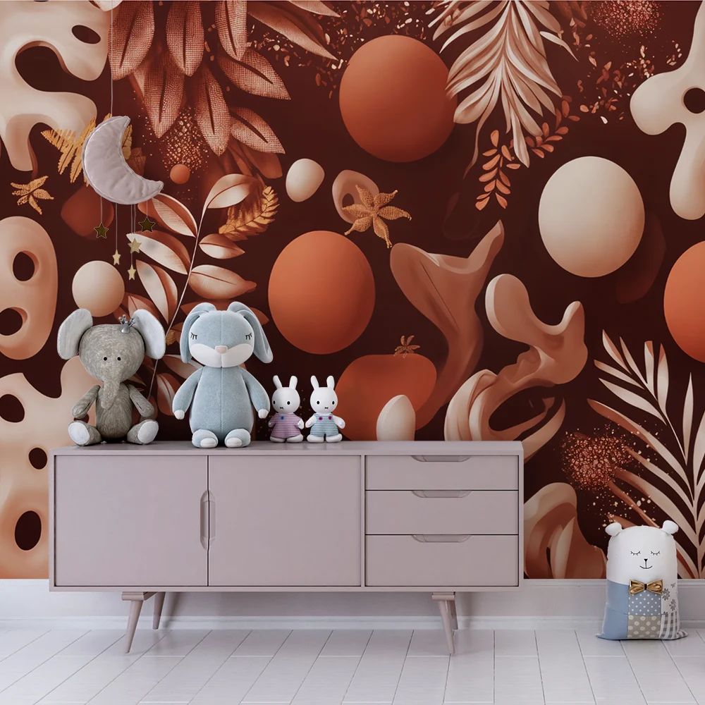Papel de parede crianç | Folhagem e formas abstratas terracota