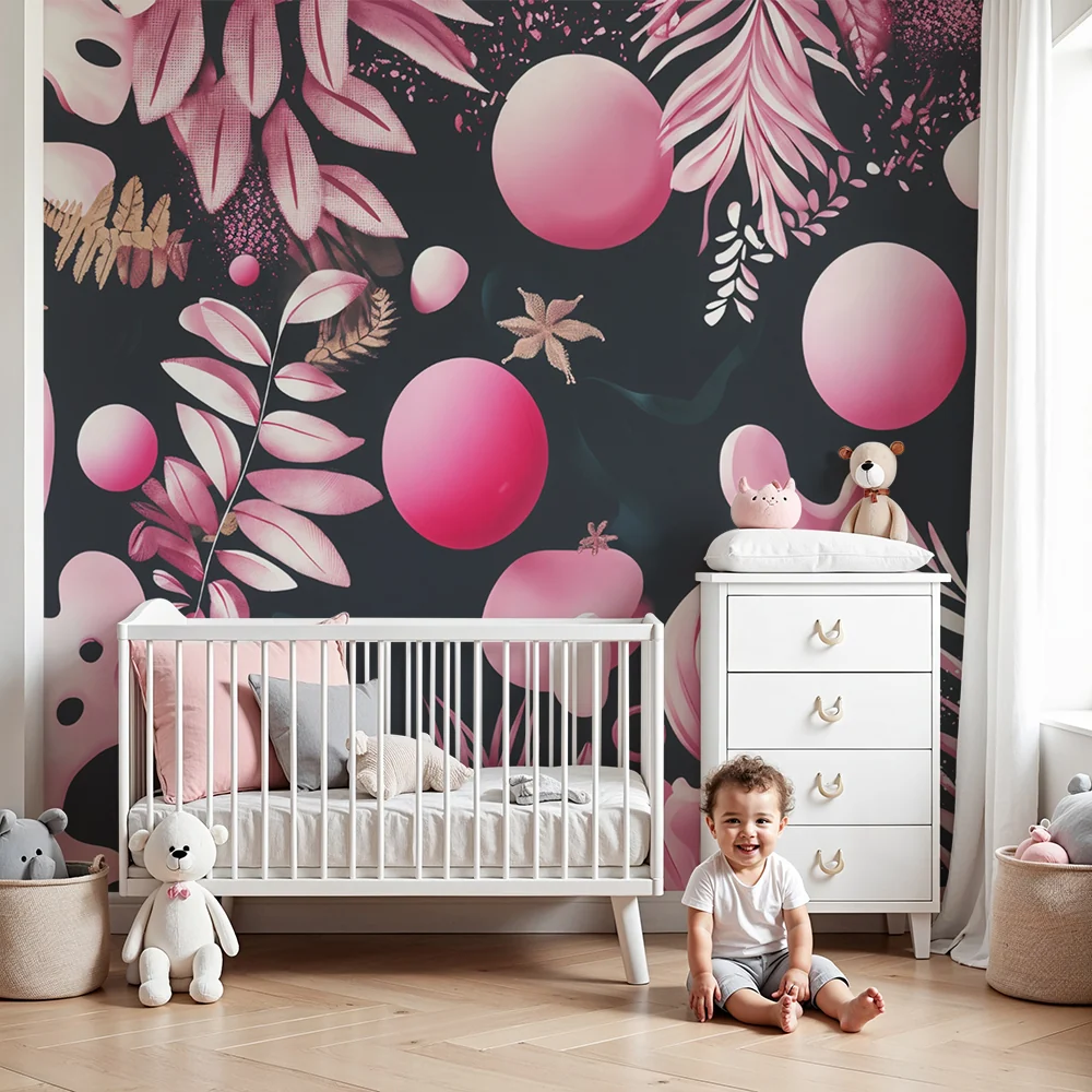 Papel de parede crianç | Formas orgânicas e esferas cor de rosa