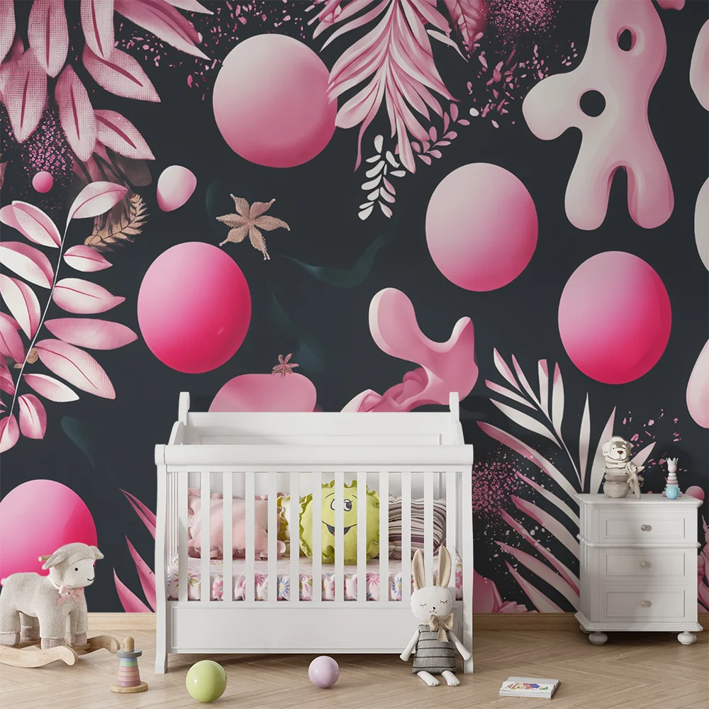 Papel de parede crianç | Formas orgânicas e esferas cor de rosa