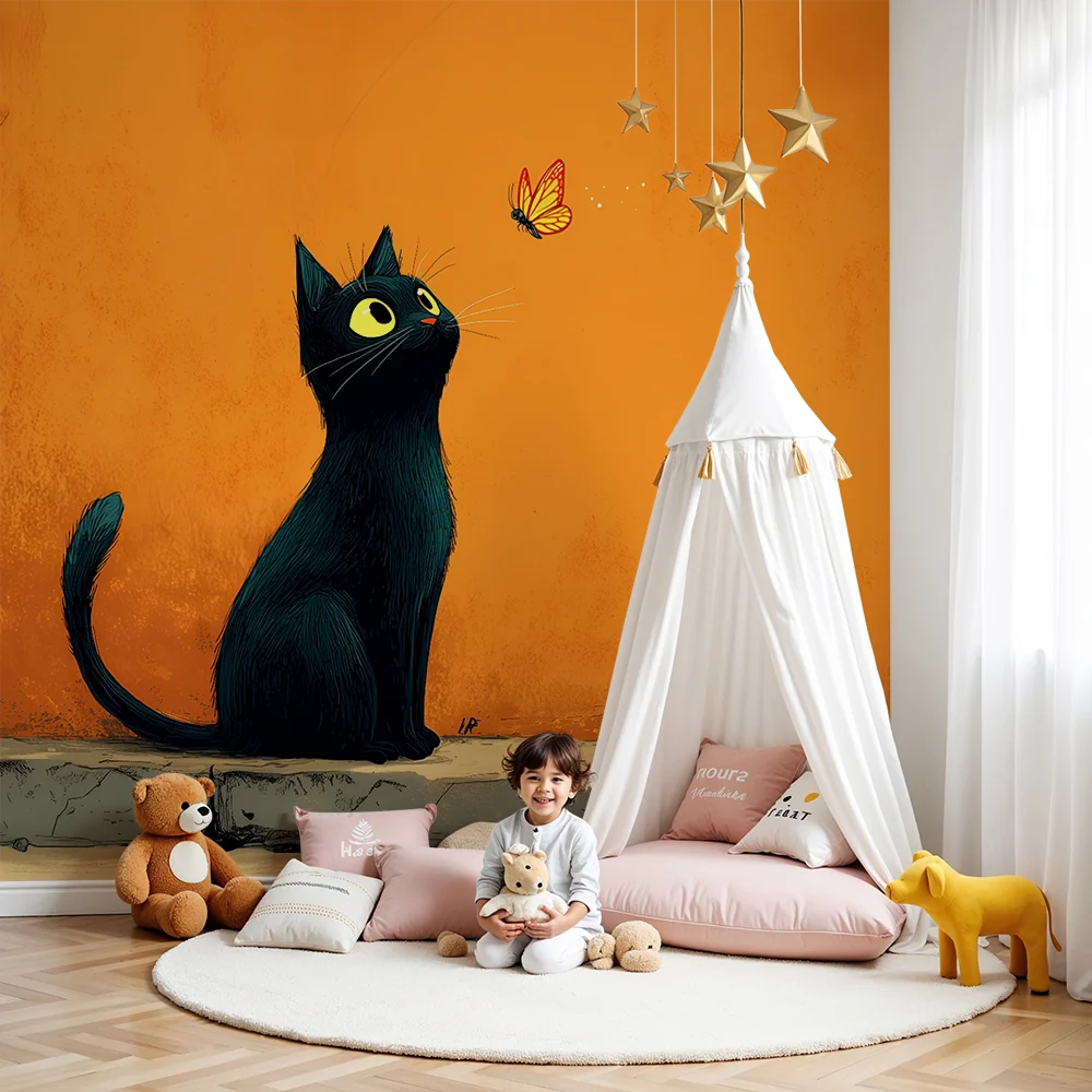 Papel de parede crianç | Gato preto e borboleta em fundo laranja