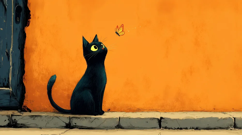Papel de parede crianç | Gato preto e borboleta em fundo laranja