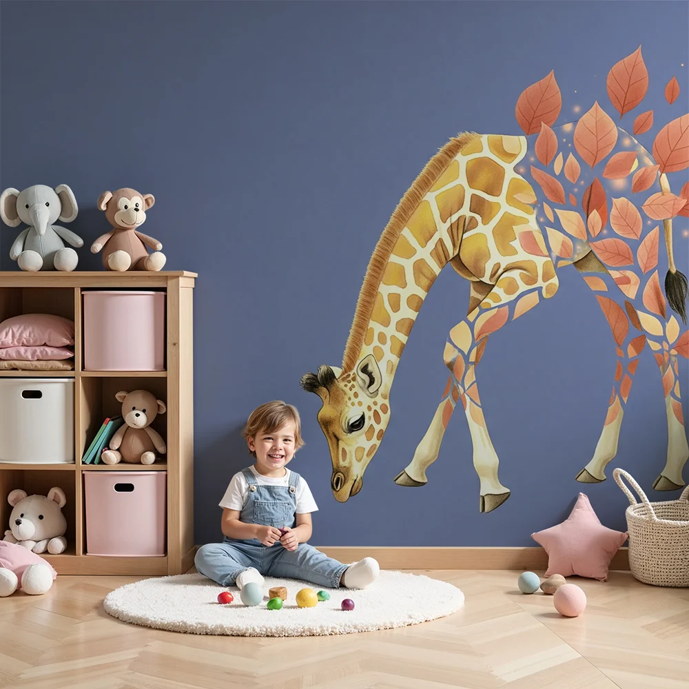 Papel de parede crianç | Girafa suave e folhas mágicas