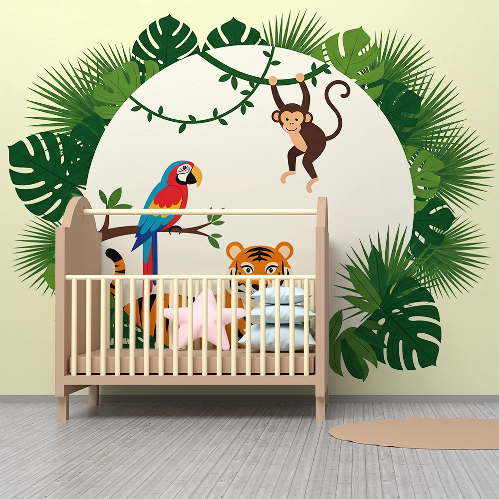 Papel de parede crianç | Jungle animals tiger, parrot and monkey