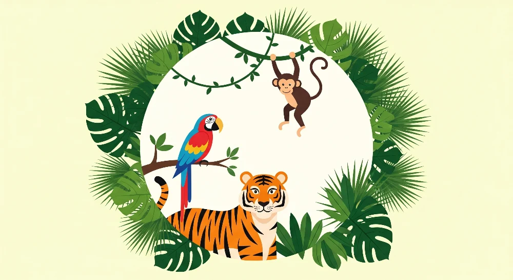Papel de parede crianç | Jungle animals tiger, parrot and monkey