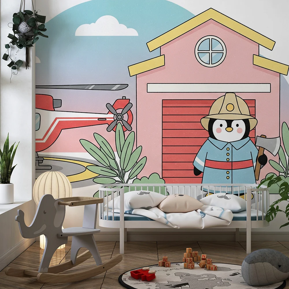Papel de parede crianç | Pinguim bombeiro e helicóptero