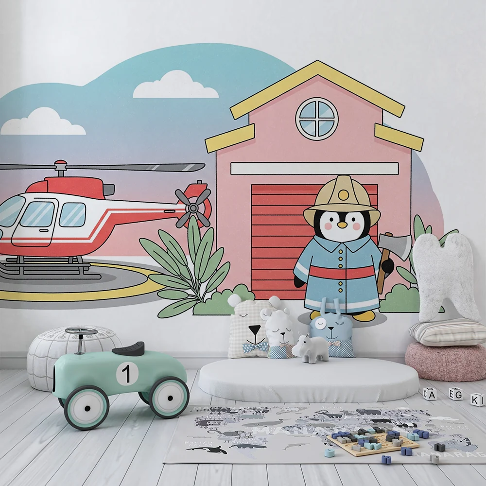 Papel de parede crianç | Pinguim bombeiro e helicóptero