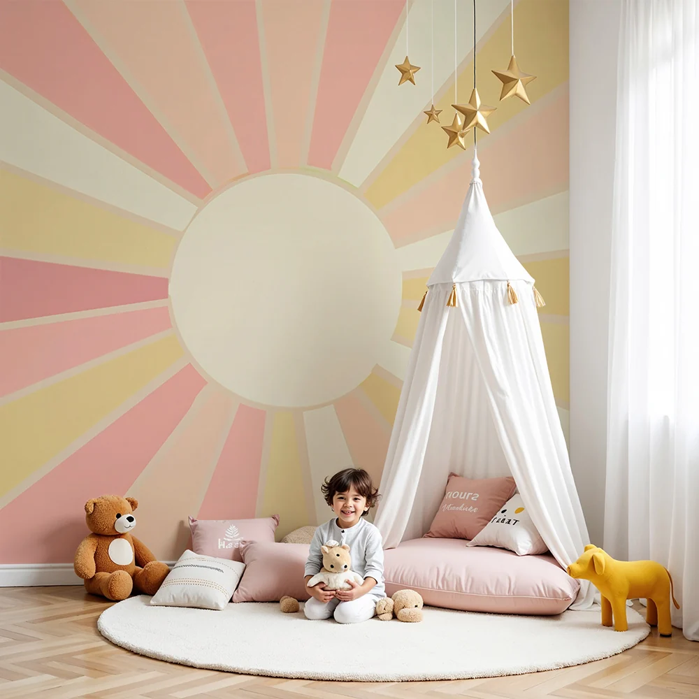 Papel de parede crianç | Raios de sol amarelo e rosa pastel