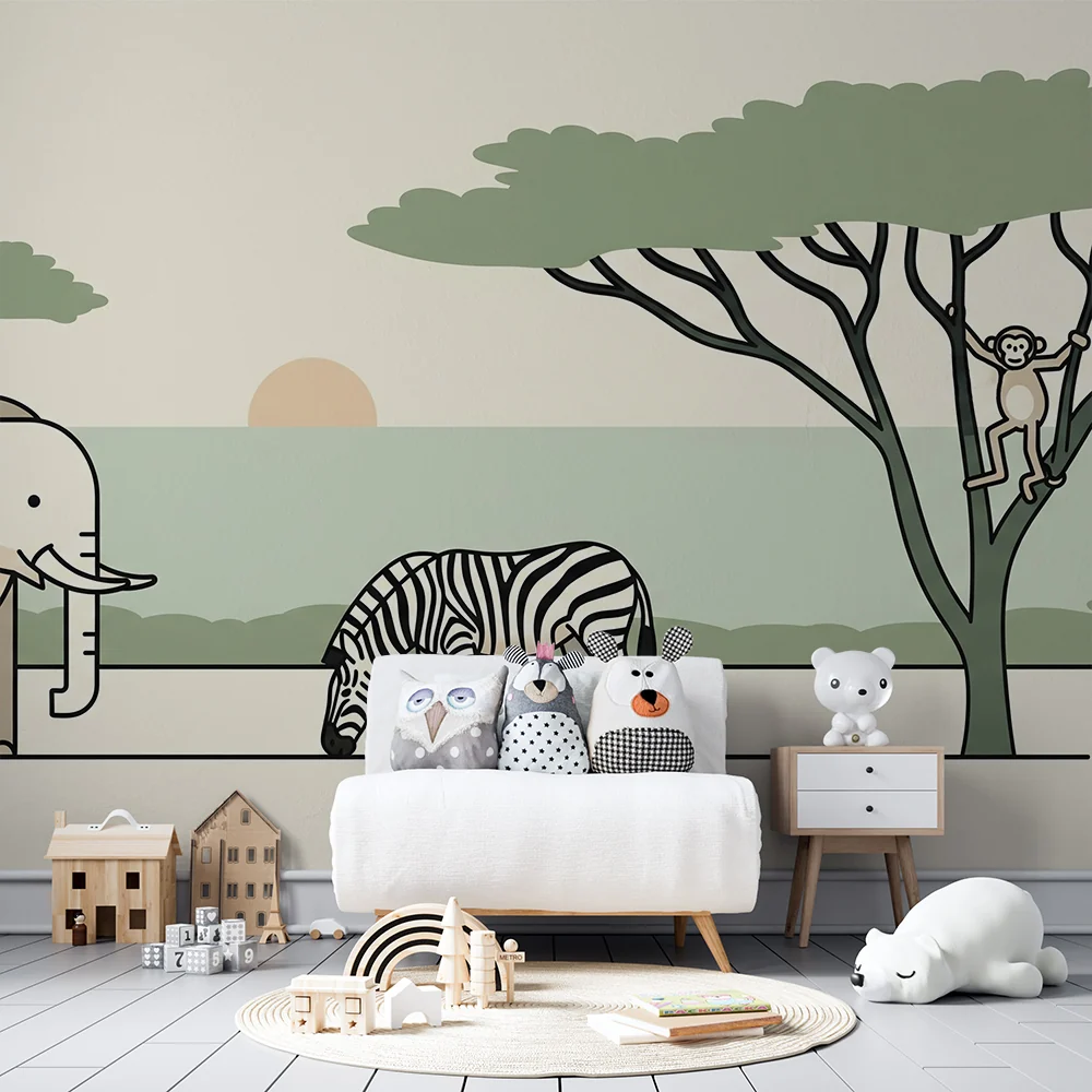 Papel de parede crianç | Savana animais com elefante, zebra e macaco