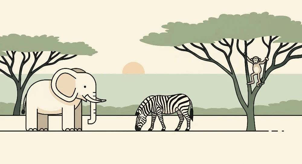 Papel de parede crianç | Savana animais com elefante, zebra e macaco