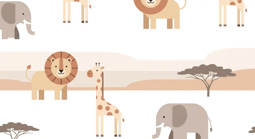 Papel de parede crianç | Savana animais com elefante, leão e girafa