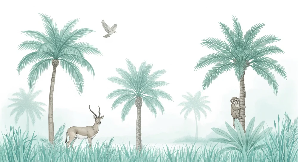 Papel de parede crianç | Selva com animais e palmeiras e folhagem calmante