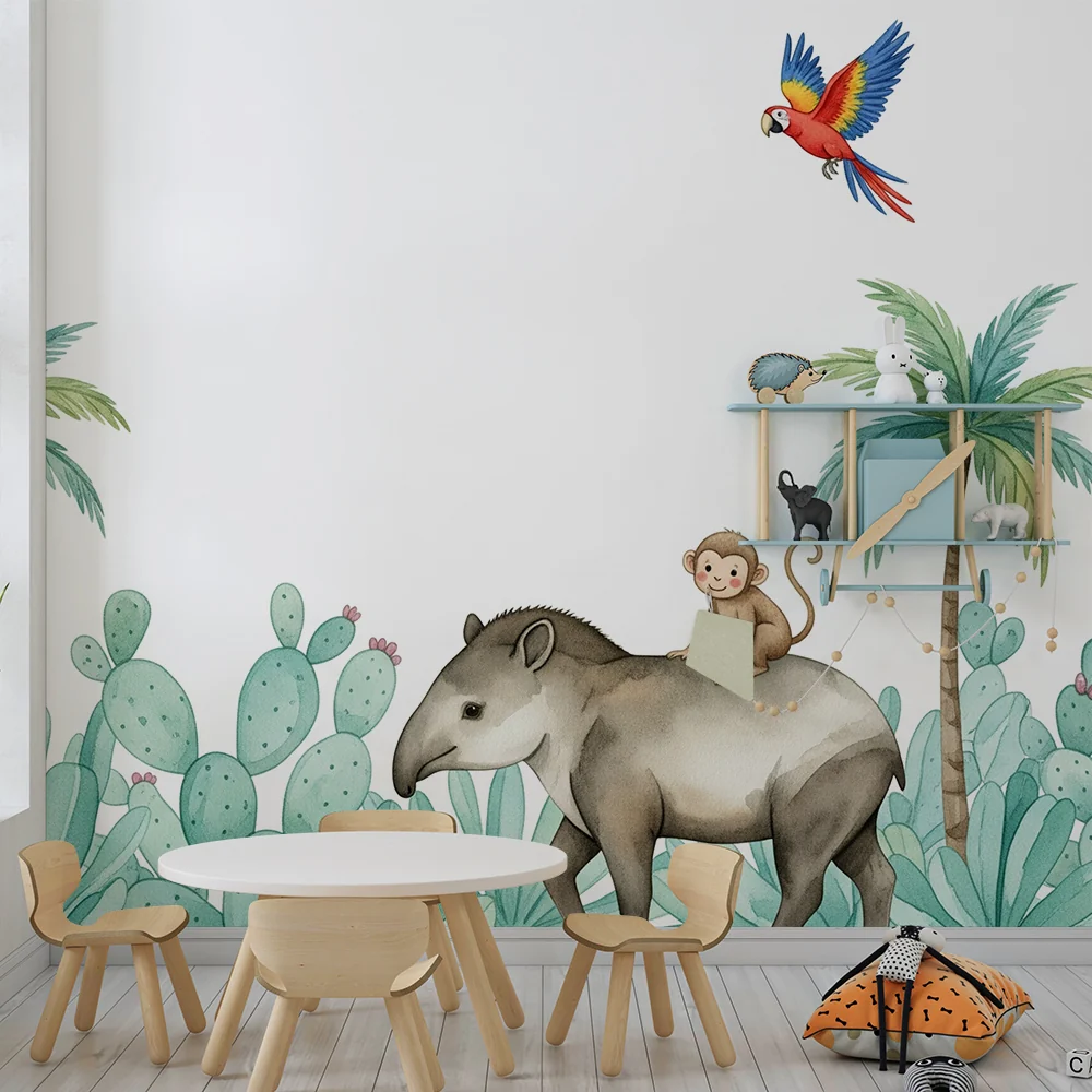 Papel de parede crianç | Selva com um anta e um macaco travesso