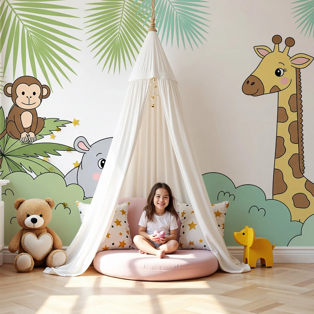 Papel de parede crianç | Selva com girafa e hipopótamo