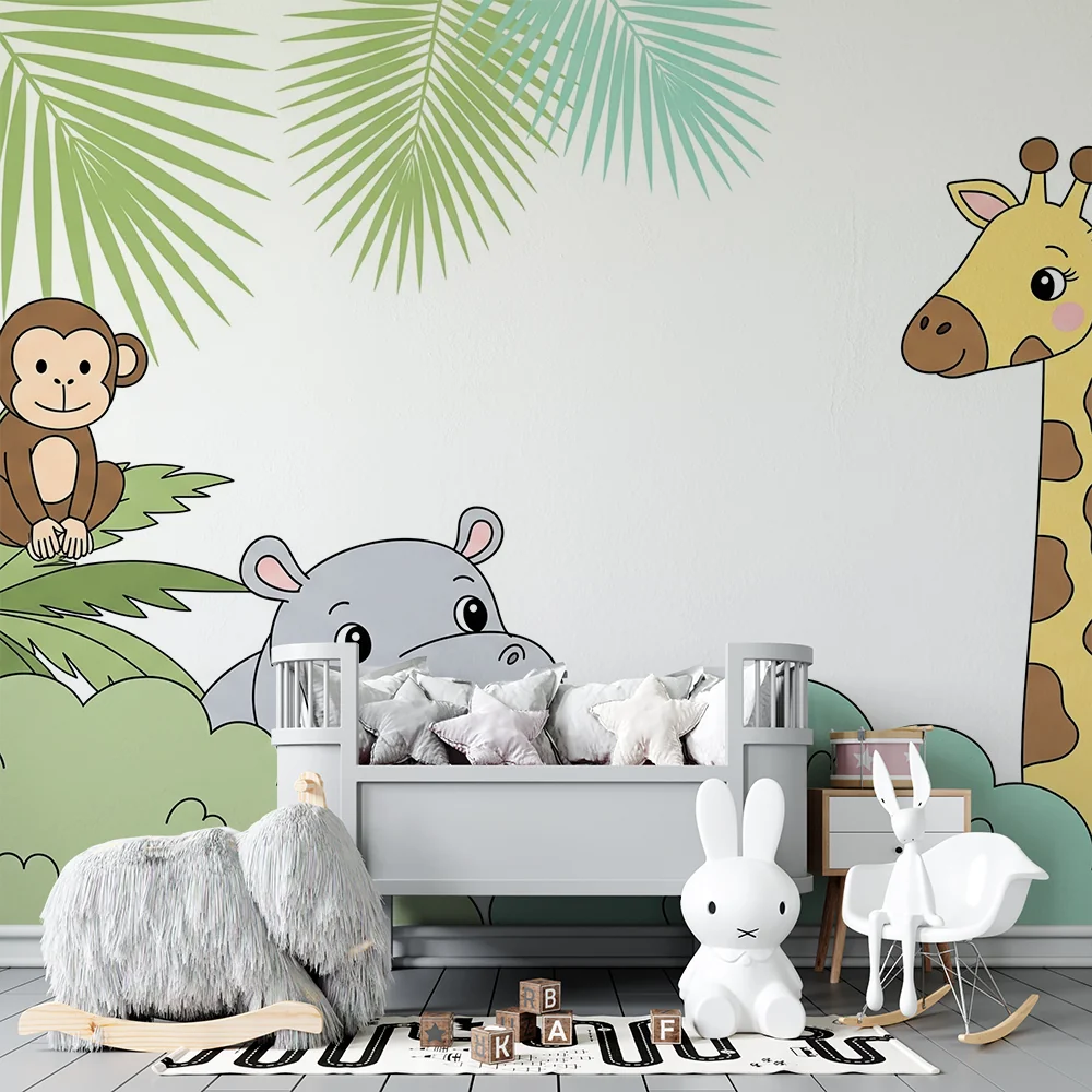 Papel de parede crianç | Selva com girafa e hipopótamo