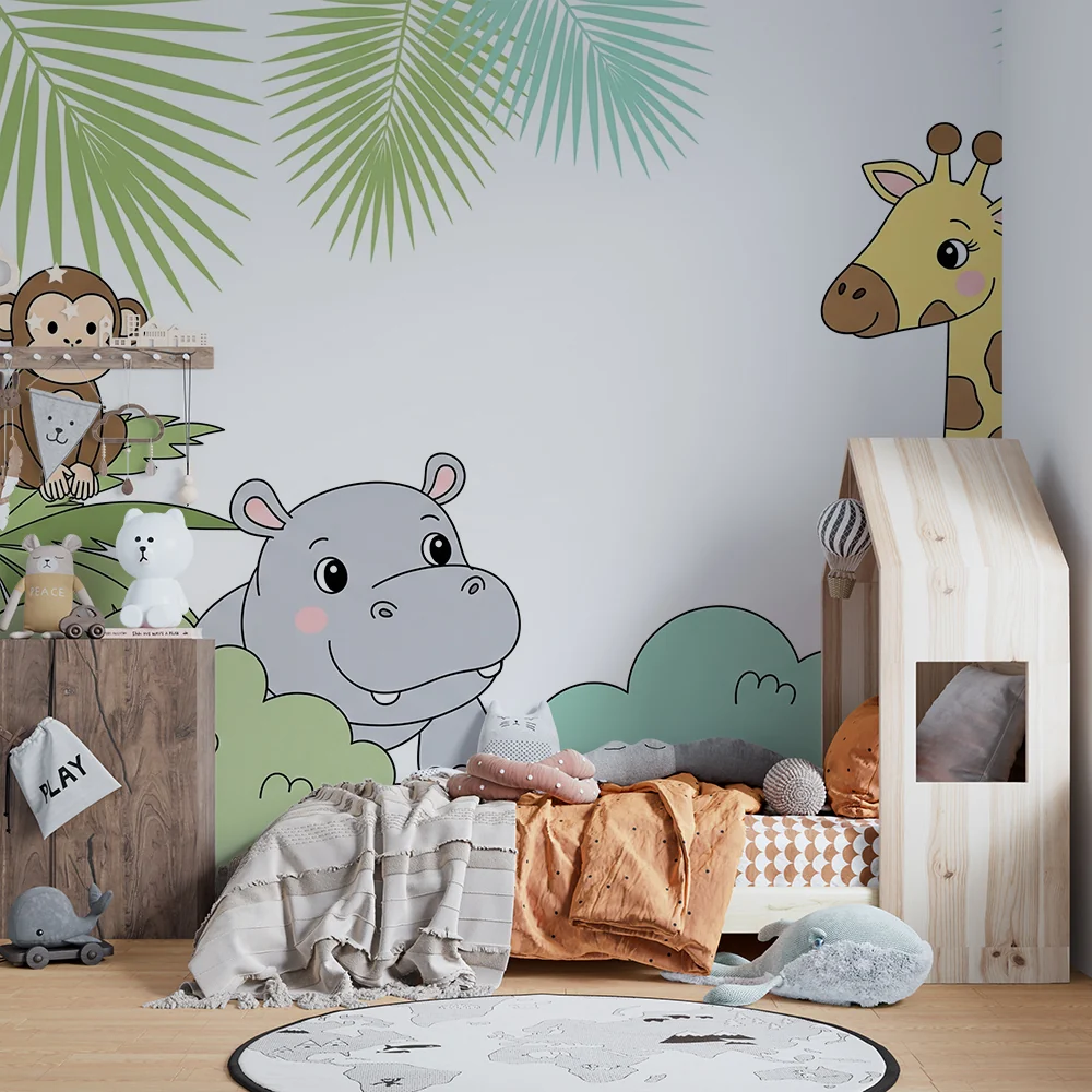 Papel de parede crianç | Selva com girafa e hipopótamo