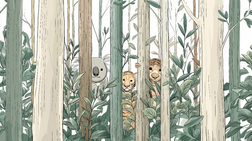 Papel de parede crianç | Selva com koala e tigre escondidos entre as árvores