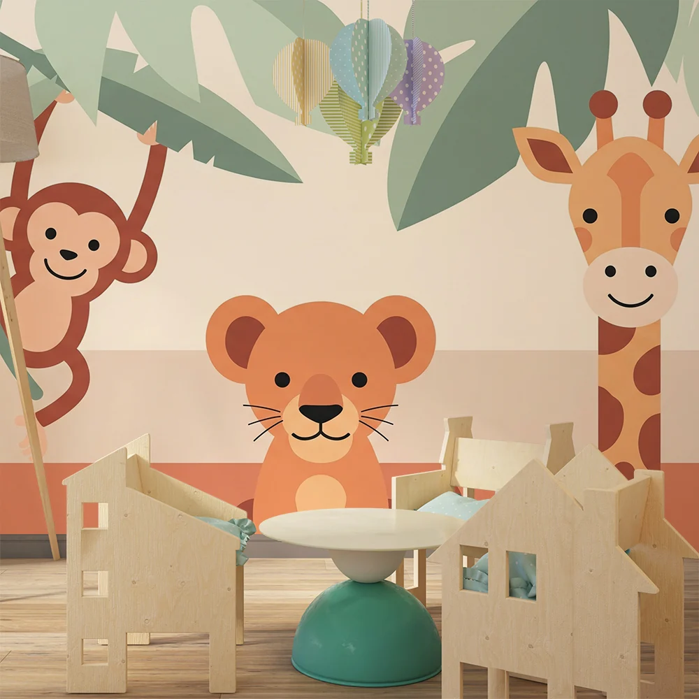 Papel de parede crianç | Selva com um macaco, um leão e uma girafa sorridente