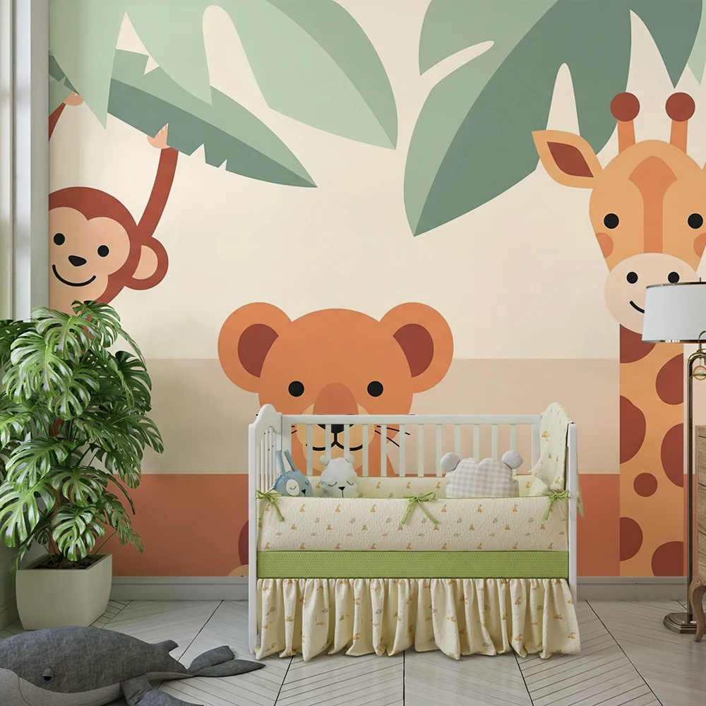 Papel de parede crianç | Selva com um macaco, um leão e uma girafa sorridente