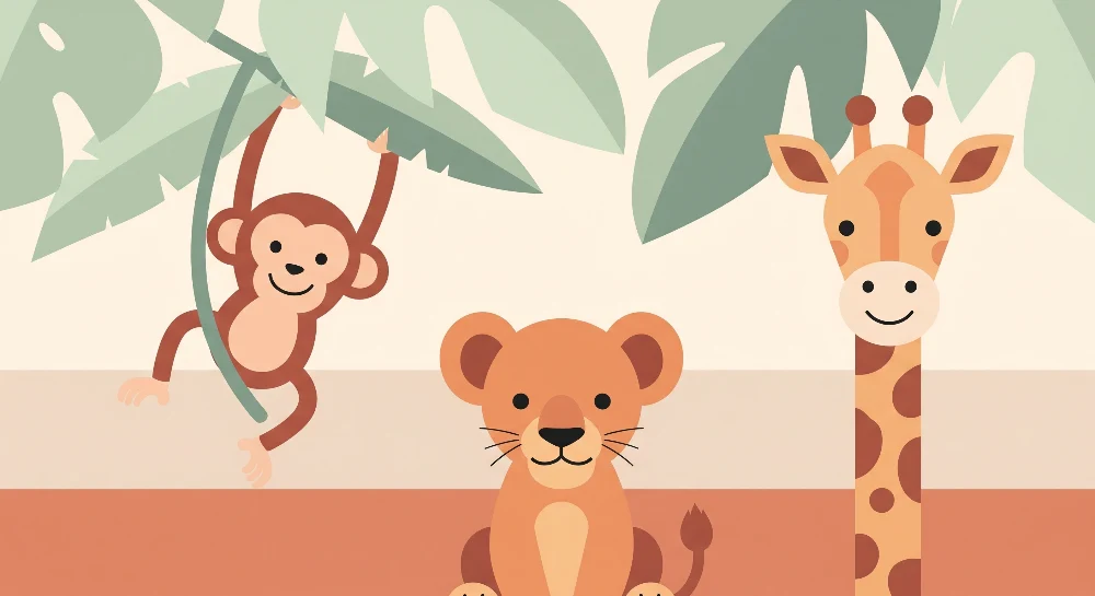 Papel de parede crianç | Selva com um macaco, um leão e uma girafa sorridente