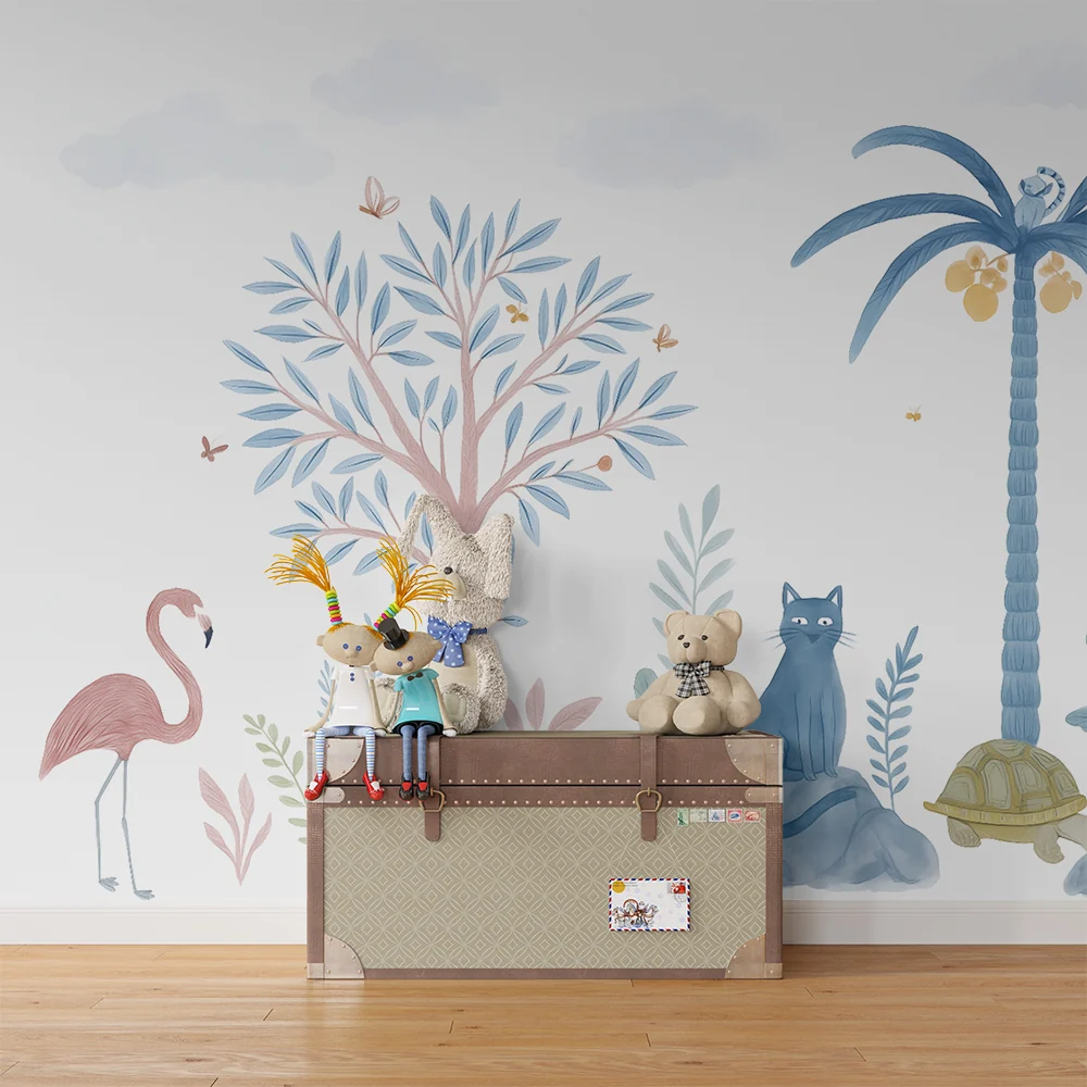 Papel de parede crianç | Selva pastel e animais exóticos