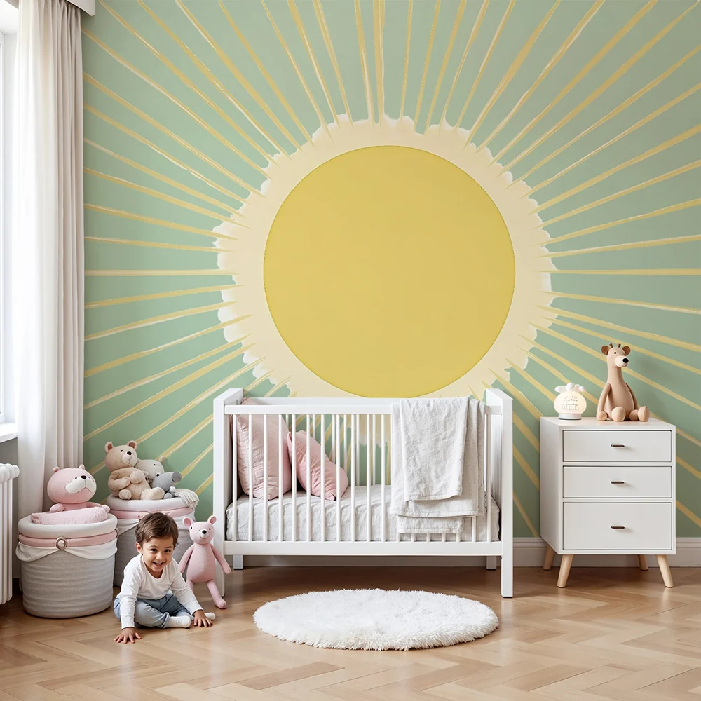 Papel de parede crianç | Sol radiante em fundo verde